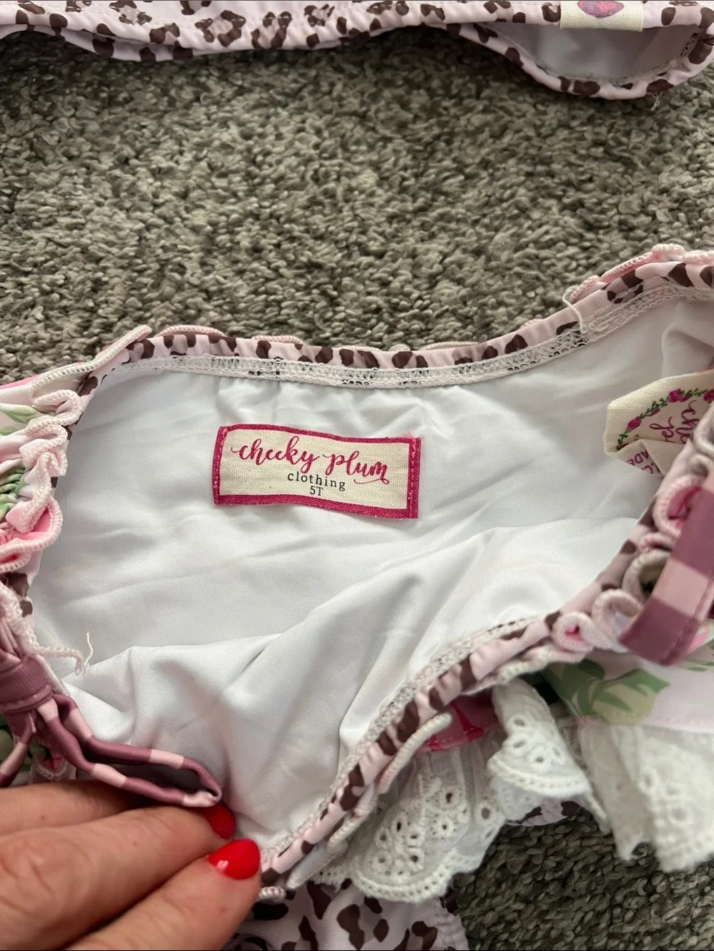Adorable leopard and floral Cheeky Plum bikini, side 5T